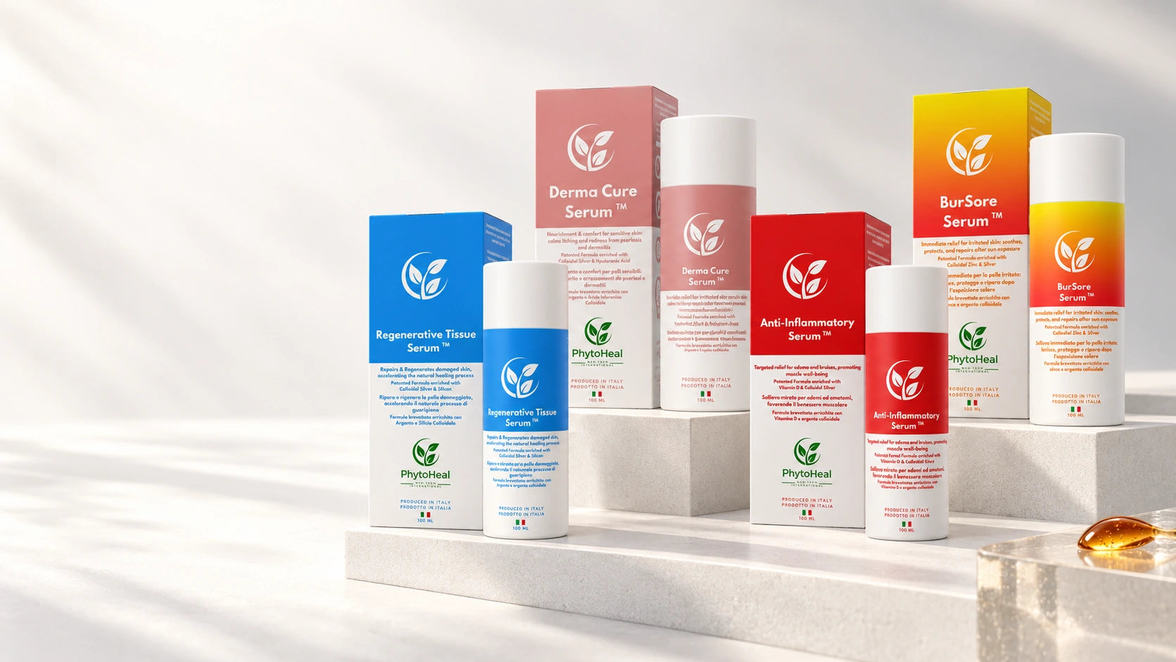 Le quattro formulazioni PhytoHeal, con i flaconi e le confezioni originali