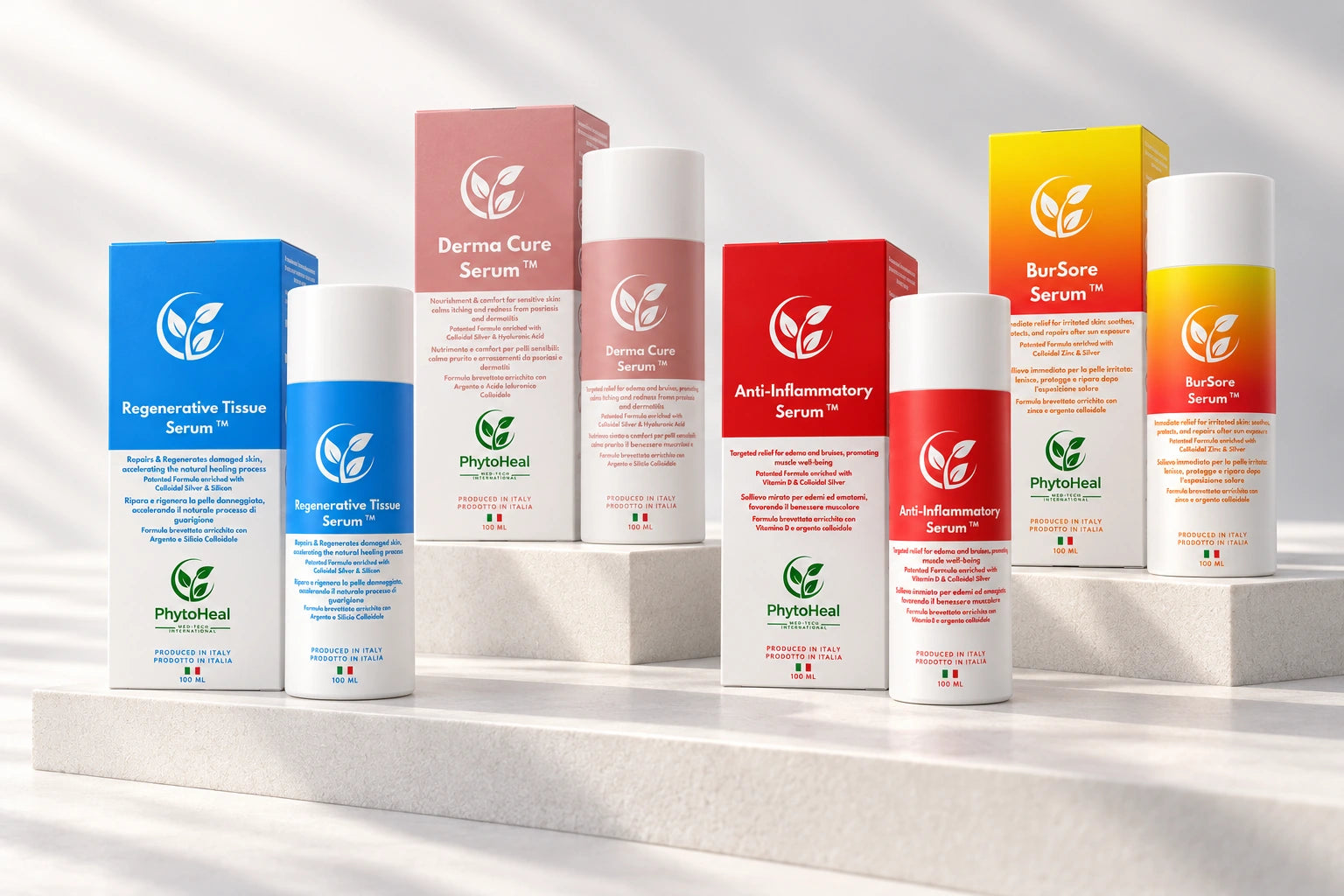 Complete Recovery System: i quattro sieri PhytoHeal, flaconi e confezioni nella nuova fotografia di studio